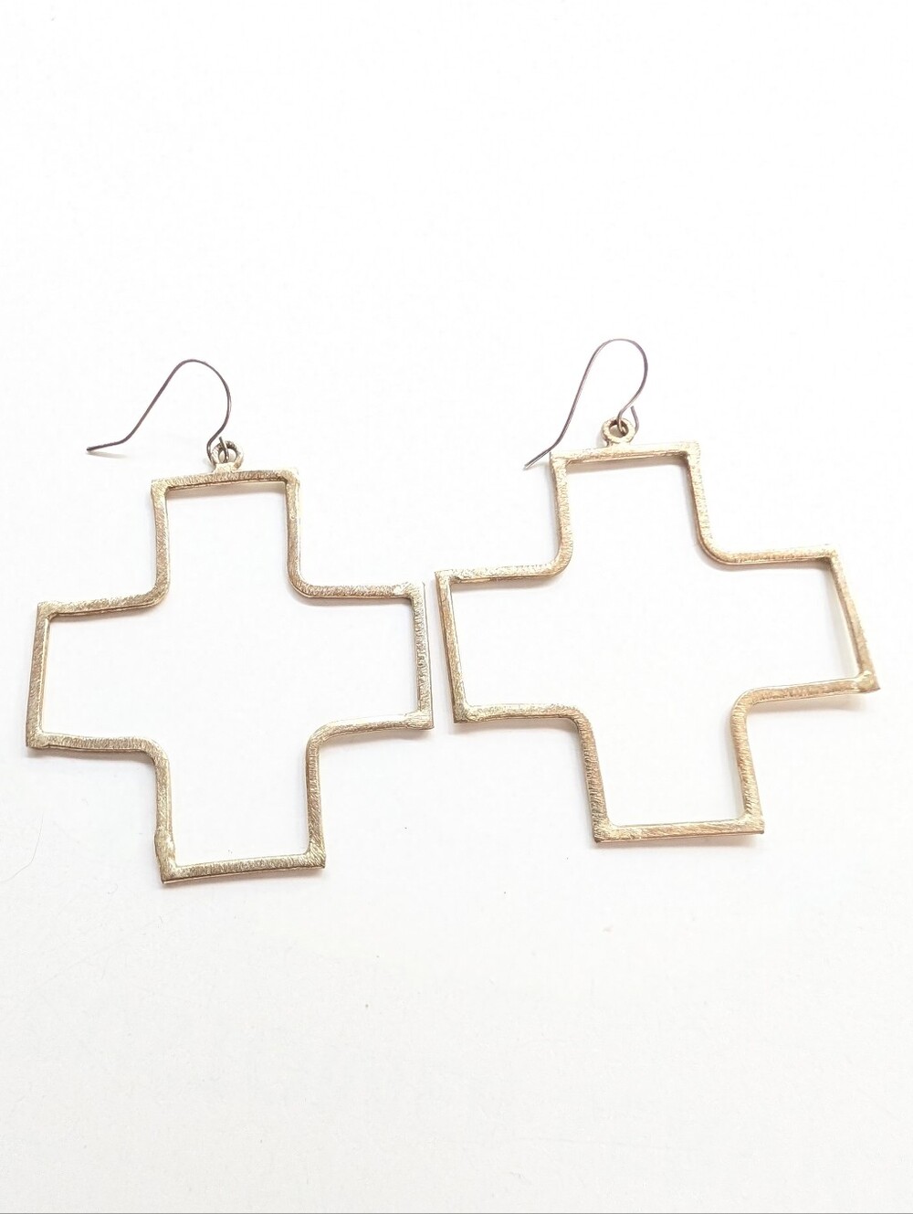 Bohemian Style Light Gold Tone Beachy Artisan Cross Dangle Hook Earrings